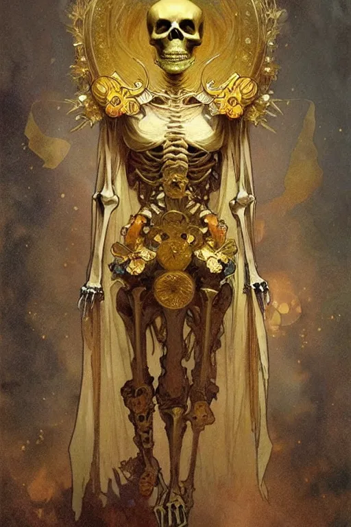 Image similar to A skeleton wearing golden mask, fantasy, crown, painting by greg rutkowski and alphonse mucha