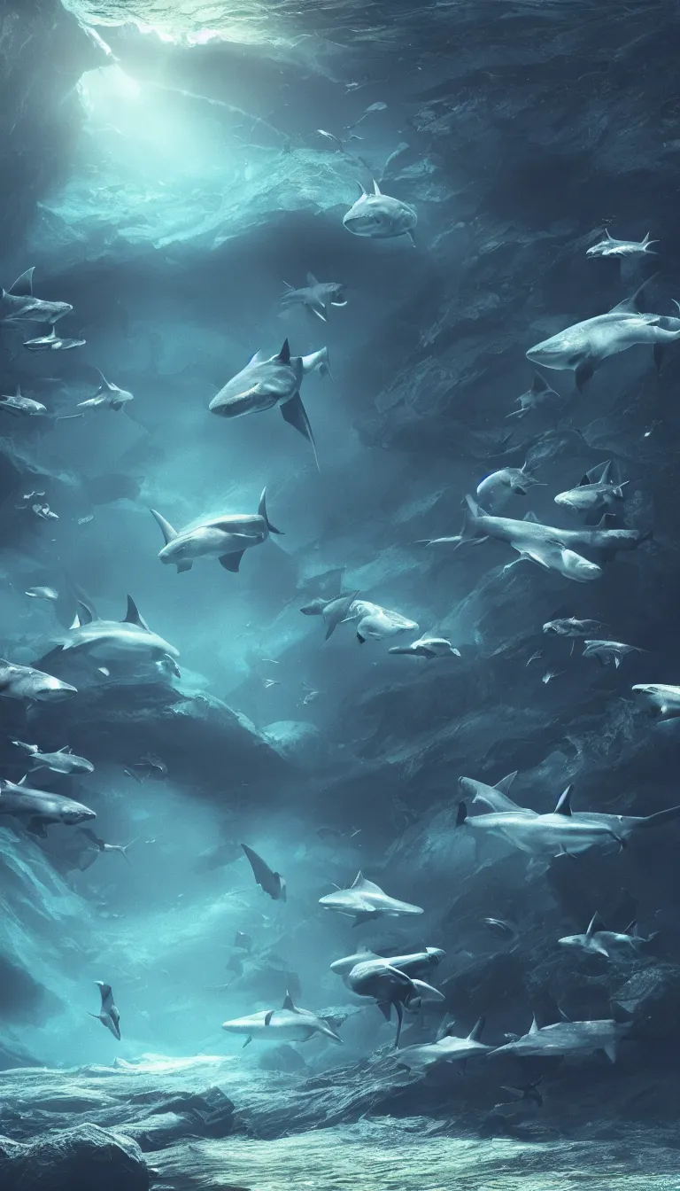 Prompt: beautiful small sharks underwater, volumetric dramatic light, dark black background, sharp focus, highly realistic, octane render, art by greg rutsowski