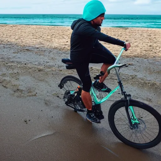 Prompt: deliveroo rider on a bike riding on a beach