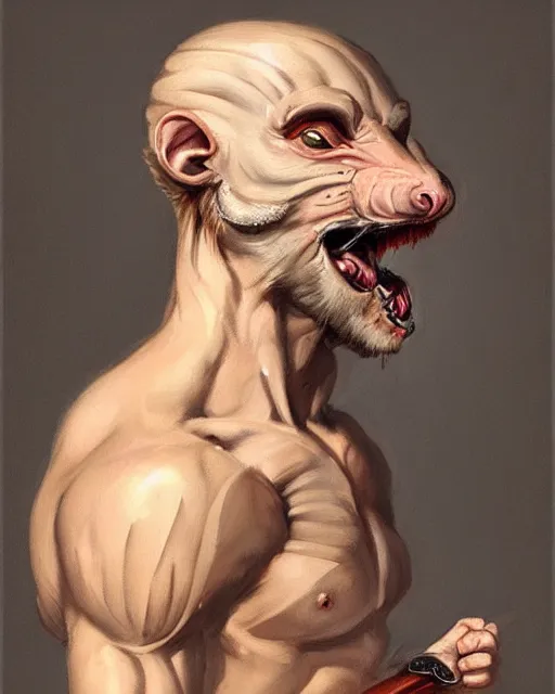 Prompt: baroque portrait of a male were-rat. head of a rat. he is very muscular. he is holding an axe. 4K trending on artstation by peter mohrbacher