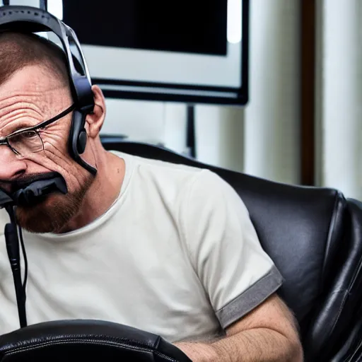 Prompt: professional head shot of walter white wearing a gaming headset and sitting in a gaming chair in a bedroom, 8 k, dslr, very detailed, very intricate,