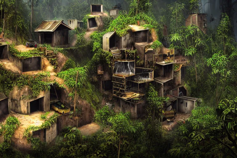 Image similar to favela bunker honeybee hive, forest waterfall environment, industrial factory, spooky, award winning art, epic dreamlike fantasy landscape, ultra realistic,