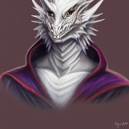 Image similar to very very beautiful half body portrait of a handsome young anthropomorphic silver dragon, soft draconic features, cute large eyes, male, wearing a luxurious silk cloak, commission on furaffinity, artstation, high quality digital art, warm colors