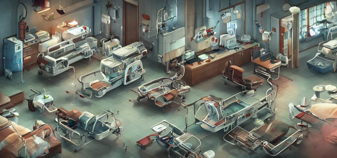 Image similar to retro hospital concept art, 8 k photorealistic, hd, high details, trending on artstation