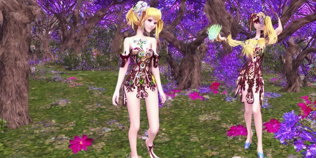 Prompt: cute female forest spirit wearing ornate floral cybernetic hungarian valentino resort dress in a 3 d psx ps 2 jrpg style, esoteric magical alien meadow ritual environment, fashion gameplay screenshot, highly detailed, atelier, xenogears