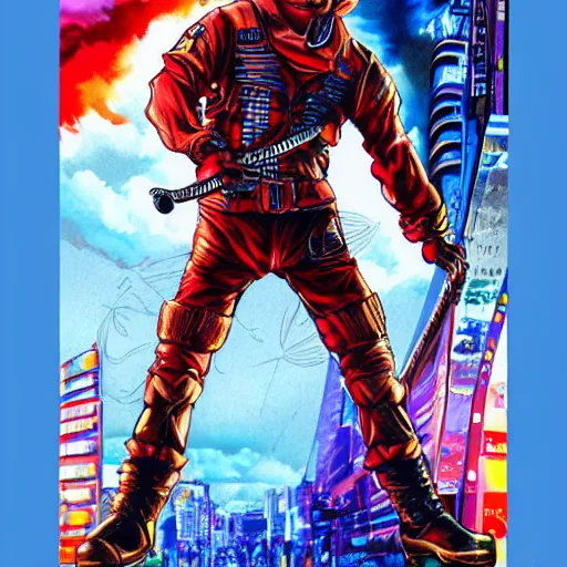 Image similar to 5 5 mm giant prince harry attacks tokyo illustration in technicolor by artgerm