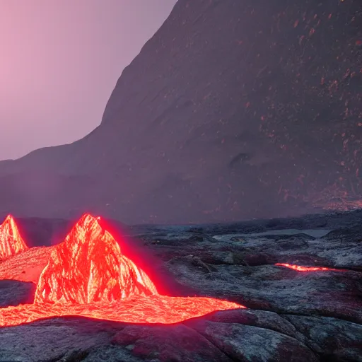 Image similar to satanic mountain goats with glowing red eyes on a sheer obsidian cliffside with lavaflow, lava waterfalls, photorealistic landscape render, octane render, vray, beautiful, ambient occlusion, particle effects, light bloom, rtx