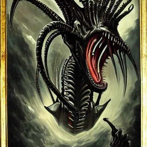 Prompt: gothic painting of a xenomorph, epic detail, stunning, grand, sharp focus,