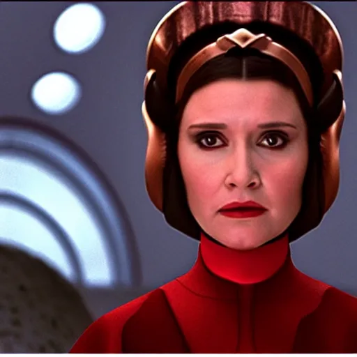 Prompt: princess amidala played by Carrie Fisher, movie still, cinematic,