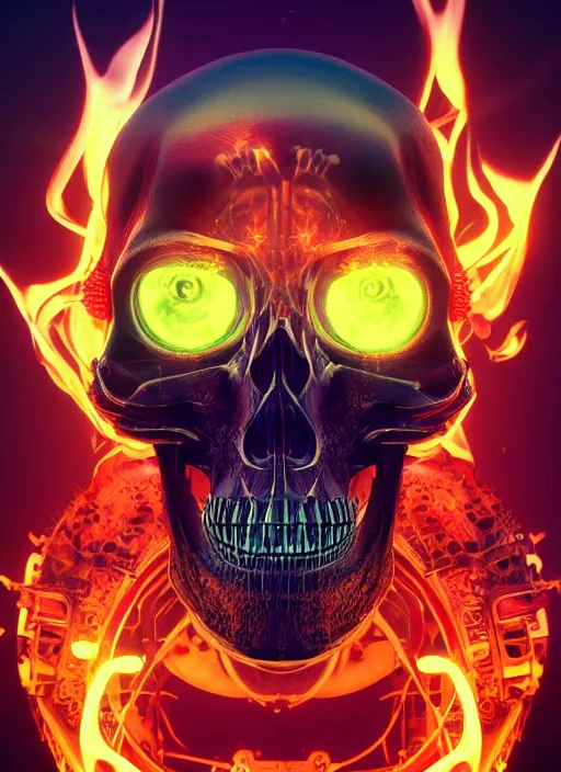 Image similar to a futuristic skull with glowing eyes and a flame fire background, cyberpunk art by android jones, behance contest winner, computer art, darksynth, synthwave, rendered in cinema 4 d