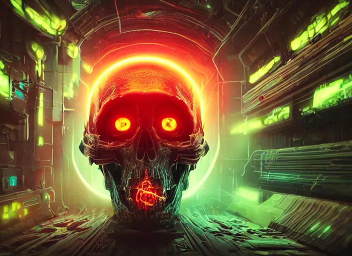 Prompt: a futuristic skull with glowing eyes and a wormhole tunnel, cyberpunk art by android jones, behance contest winner, computer art, darksynth, synthwave, rendered in cinema 4 d