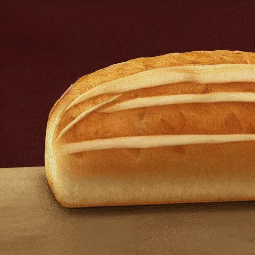 Image similar to A shiba inu as bread - blended into the side of a loaf of bread on a kitchen bench, digital art