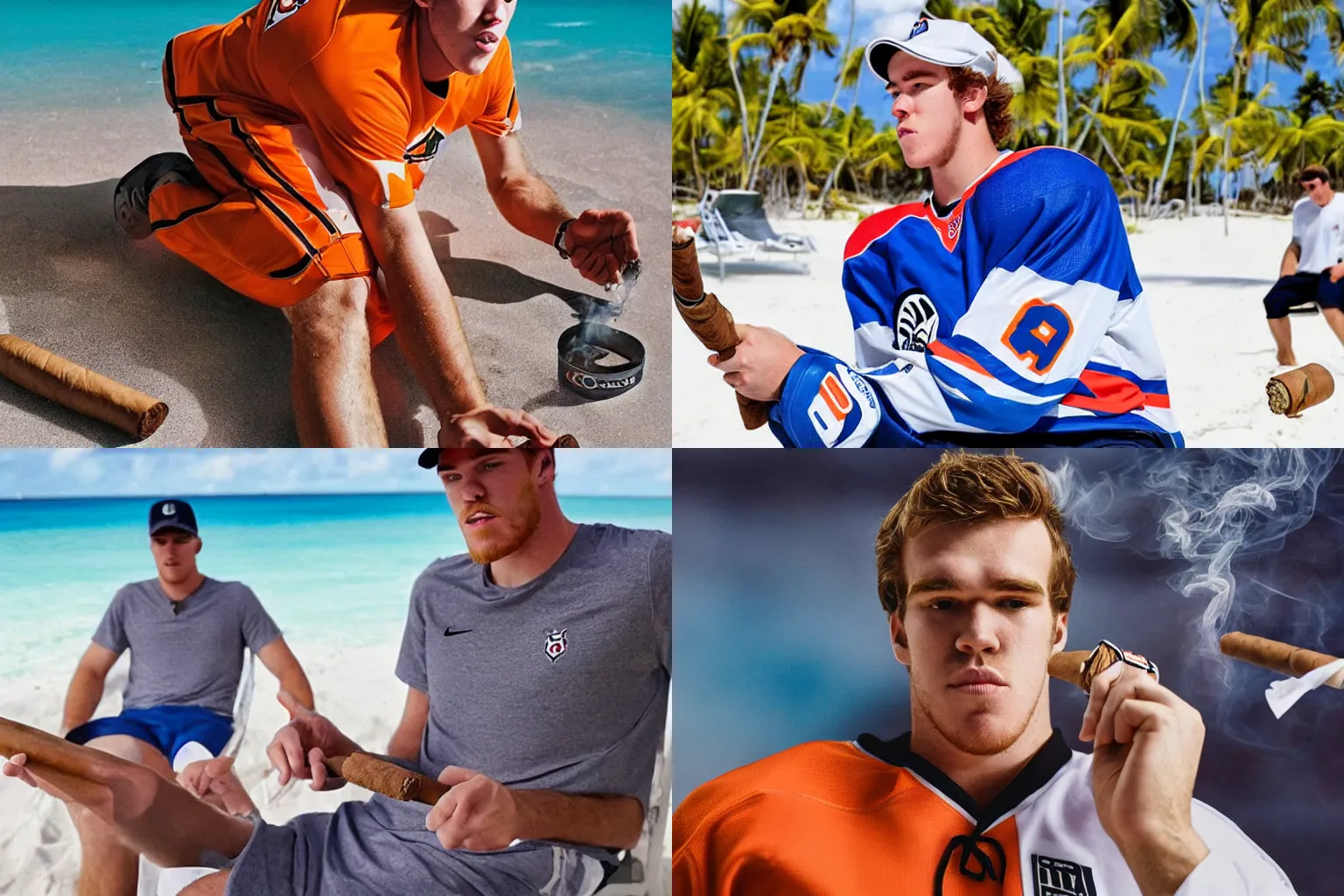 Prompt: While smoking a cigar, Hockeyplayer Connor McDavid wearing full Hockey gear and sitting in a sunchair on the beach of Bahamas, there is a cigar in his mouth, symmetric face,  hyperdetailed, hyperrealistic, 4k