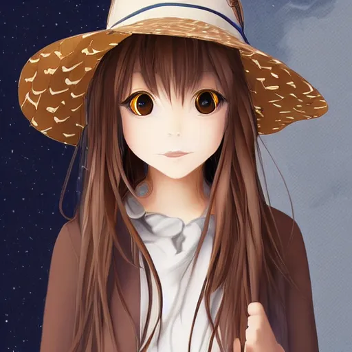 Image similar to portrait of cute anime girl with long brown hair with a frog bucket hat, digital art