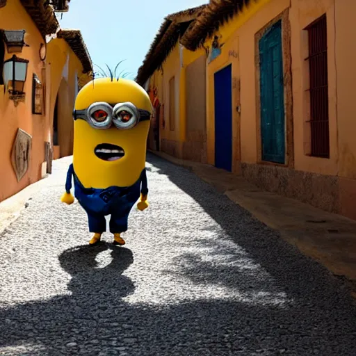 Prompt: super cute minion walking on a sunny Andalusian village, movie still, 4k