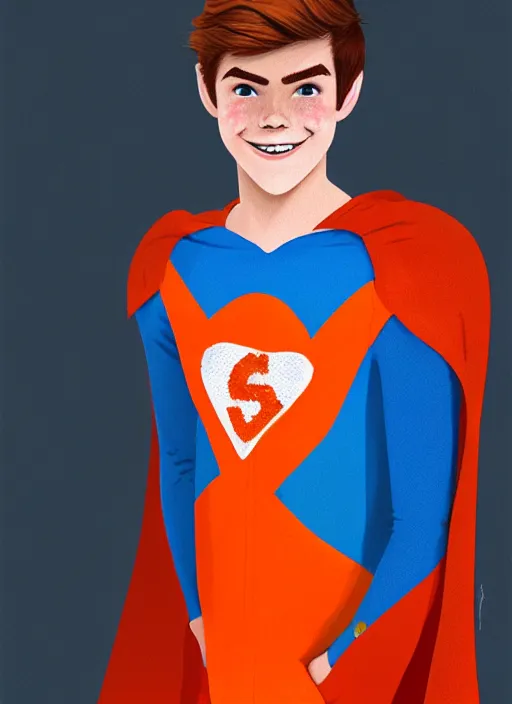 Image similar to friendly teenage archie andrews wearing an orange superhero costume with heart logo, heart, freckles, blue cape, heart emblem on chest, blue cape, intricate, elegant, glowing lights, highly detailed, digital painting, artstation, sharp focus, illustration, art by wlop, mars ravelo and greg rutkowski