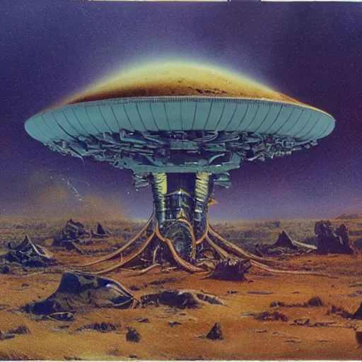 Image similar to tintype, wide view, thundra ufo crash site, team of scientists studying captured alien, art by bruce pennington