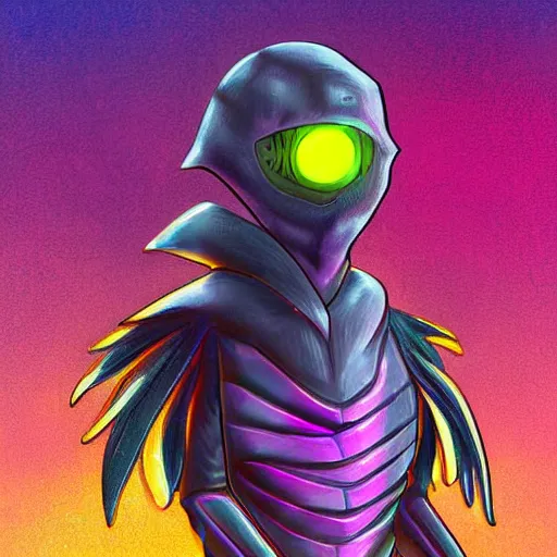 Prompt: Humanoid Bandit with Iridescent scales and glowing pink eyes. D&D Artwork. Digital Art