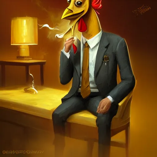 Image similar to a chicken wearing a suit smoking a cigar, dramatic lighting, cinematic, establishing shot, extremly high detail, photorealistic, cinematic lighting, artstation, style by James Gurney