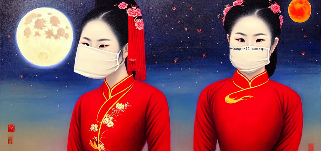 Prompt: vietnamese female with white cloth mask wearing traditional red ao dai, full moon on the sky, a ultra detailed beautiful aged oil panting by le pho