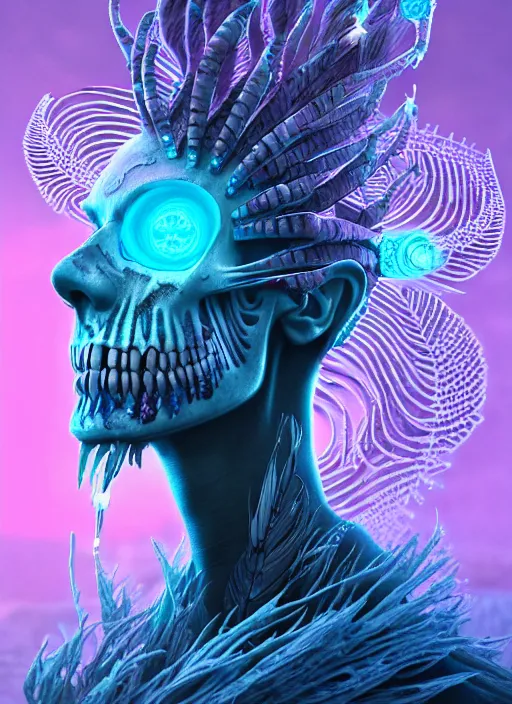 Image similar to 3 d shaman with tattoos profile portrait, sigma 5 0 0 mm f / 5. beautiful intricate highly detailed skull and feathers and hairs and tattoos. bioluminescent, plasma, frost, water, wind, creature, gradient background, thunderstorm! artwork by tooth wu and wlop and beeple and greg rutkowski, 8 k trending on artstation,