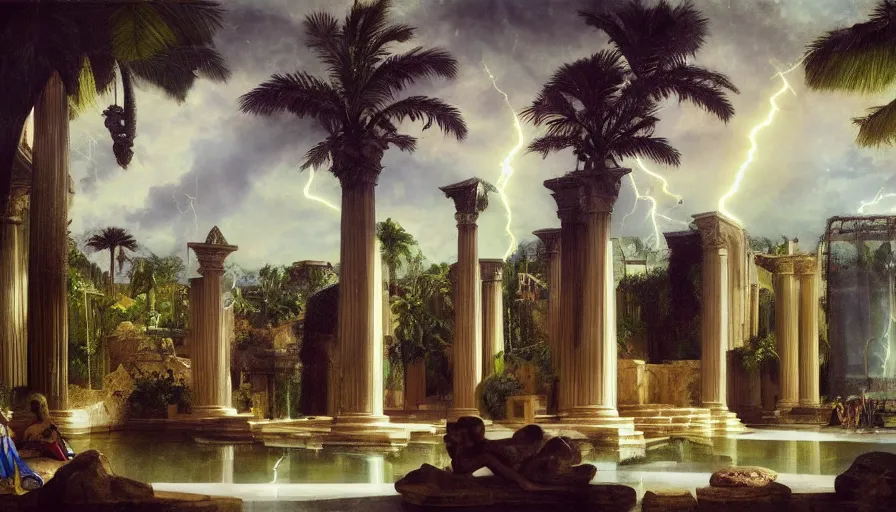 Image similar to Inside the giant Palace, mediterranean balustrade and columns line, refracted sparkles, thunderstorm, greek pool, beach and Tropical vegetation on the background major arcana sky and occult symbols, by paul delaroche, hyperrealistic 4k uhd, award-winning, very detailed paradise