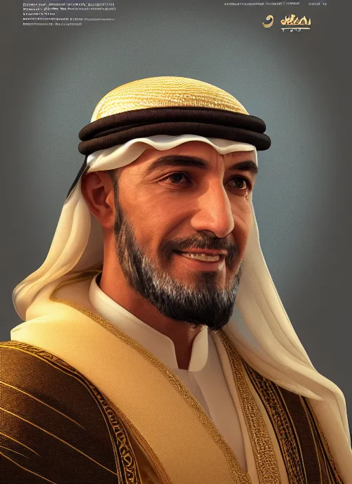 Prompt: portrait of sheikh mohammad ruler of dubai, trending in artstation, cinematic lighting, studio quality, smooth render, unreal engine 5 rendered, octane rendered, art style by klimt and nixeu and ian sprigger and wlop and krenz cushart.