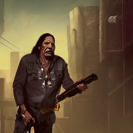 Prompt: danny trejo in a cyberpunk landscape wielding a machete and a revolver, concept art