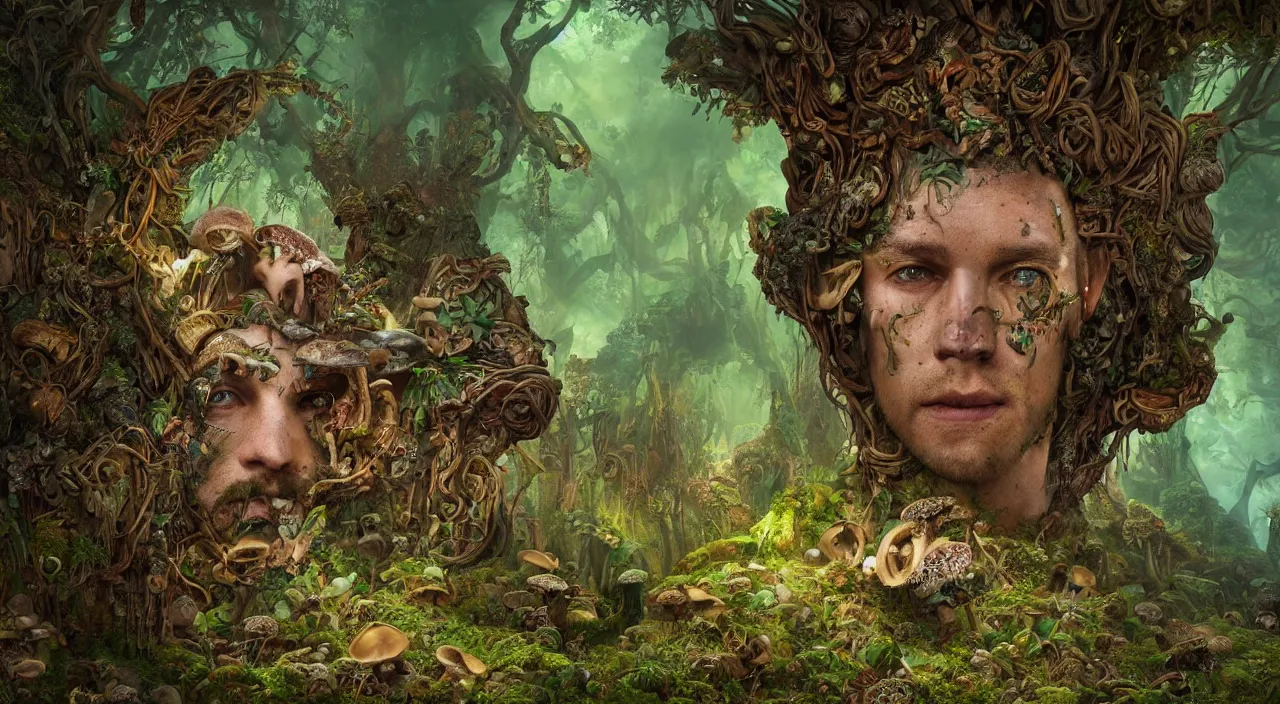 Prompt: symmmetric portrait of a male shamanic deity, filled with mushroom growths, totems and natural elements, with brown hair and green eyes in a fantasy landscape of psychedelic architecture, with elaborate details by greg rutkowski | mandelbulb 3 d, reflections, photorealism, hyperrealism, vibrant colors, unreal engine, volumetric lights, ambient occlusion, octane render