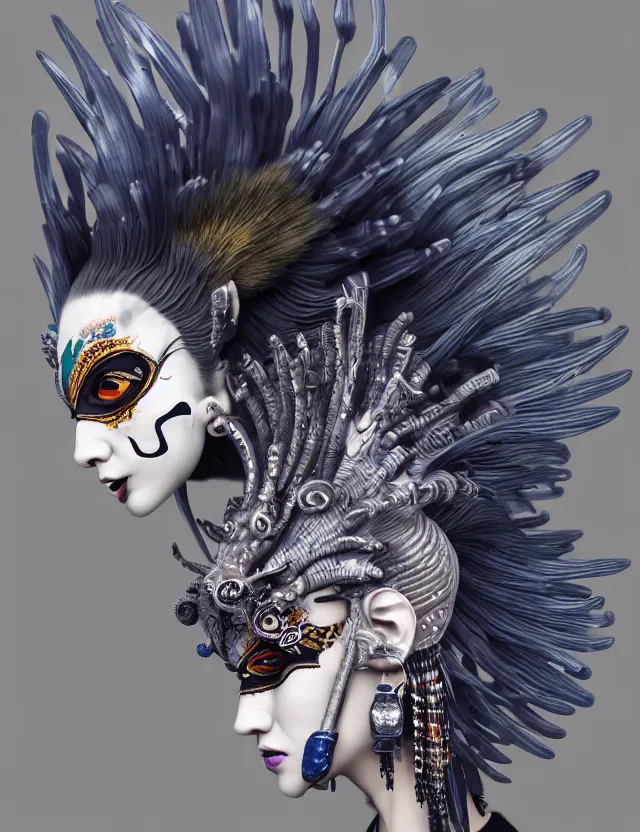 Image similar to 3 d goddess close - up profile portrait punk with mohawk with ram skull. beautiful intricately detailed japanese crow kitsune mask and clasical japanese kimono. betta fish, jellyfish phoenix, bio luminescent, plasma, ice, water, wind, creature, artwork by tooth wu and wlop and beeple and greg rutkowski