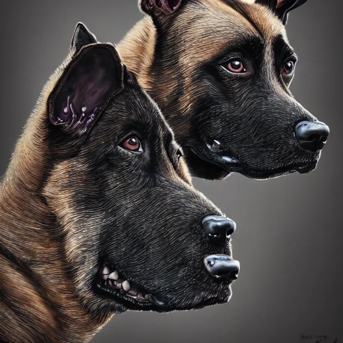 Image similar to portrait of belgian malinois. infected with zombie fungus. intricate abstract. intricate artwork. by Tooth Wu, wlop, beeple, dan mumford. octane render, trending on artstation, greg rutkowski, very coherent symmetrical artwork. cinematic, hyper realism, high detail, octane render, 8k, iridescent accents, deep blacks