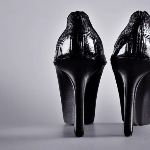 Prompt: close up of Black Dominatrix style high heel platform shoes, isolated on white background, natural shadow and reflection