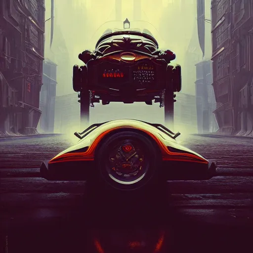 Image similar to cyborg cyber vintage supercar slick warm tones : by michal karcz, daniel merriam, victo ngai and guillermo del toro : ornate, dynamic, particulate, intricate, elegant, highly detailed, centered, artstation, smooth, sharp focus, octane render