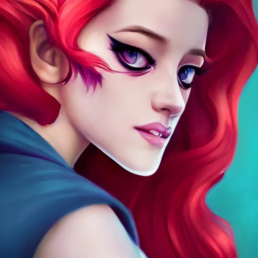 Image similar to a portrait of Lili Reinhart Batgirl red hair, art by lois van baarle and loish and ross tran and rossdraws and sam yang and samdoesarts and artgerm, digital art, highly detailed, intricate, sharp focus, Trending on Artstation HQ, deviantart, unreal engine 5, 4K UHD image