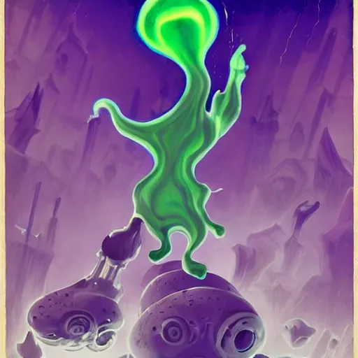 Image similar to a being of green ghostly viscous slime ooze making its way through abandoned midnight suburban streets, inevitable doom, ooblek, wisp lights, rhads,