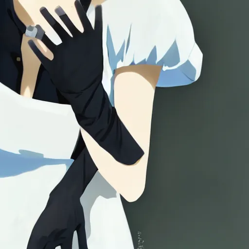 Image similar to girl with short white hair and bare shoulders, wearing black gloves and a white shirt, art by makoto shinkai