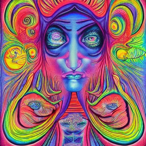 Prompt: “alice in wonderland tripping on LSD. in the style of Alex Grey.”