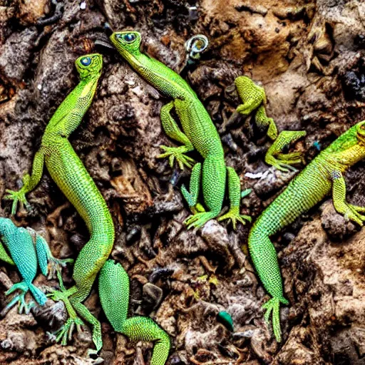 Prompt: a national geographic photograph of dozens of lizards on a huge pile of feces.