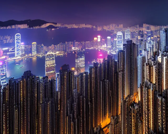 Prompt: 4 k hd, high resolution photograph of hong kong at night, shot with sigma f / 4. 2, 2 5 0 mm sharp lens, wide shot, high level texture render