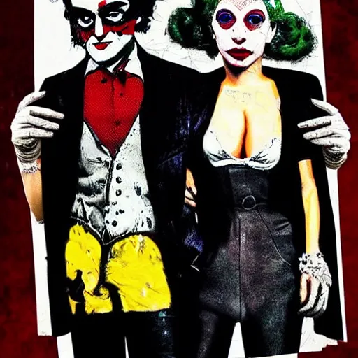 Prompt: mimmo rottela and banksy as joaquin phoenix skinny joker holding hand lady gaga harley queen, photorealistic, intricate details, pop art style, baroque, hyperdetailed