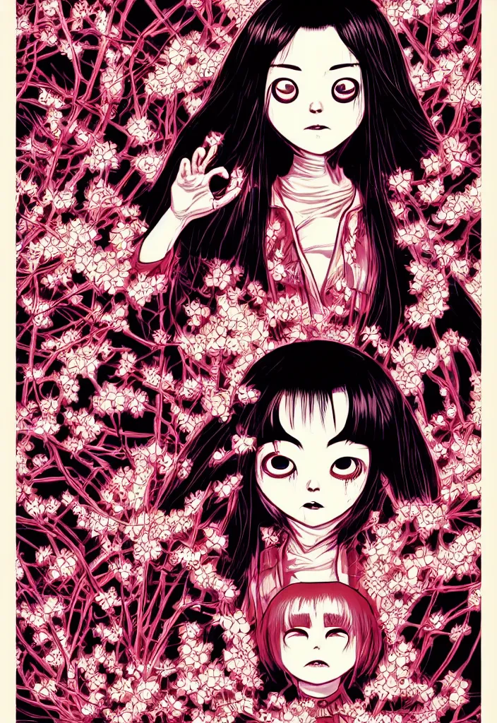 Image similar to a comic book style japanese horror poster of girl with large eyes by dan mumford, yusuke murata and junji ito, blood lines, yokai, shinigami, cherry blossom, eyes, shurikens, kanji, 8k, unreal engine, trending on artstation, pixiv, intricate details, volumetric lighting