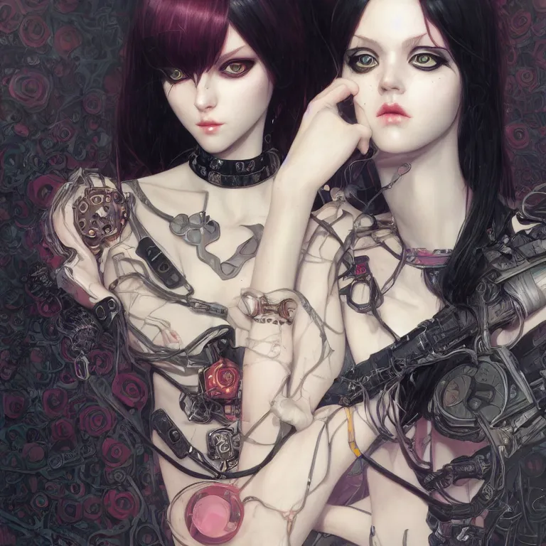 Image similar to portrait of beautiful young goth babe, cyberpunk, Warhammer, highly detailed, artstation, illustration, art by Gustav Klimt and Range Murata and Ilya Kuvshinov and Sakimichan