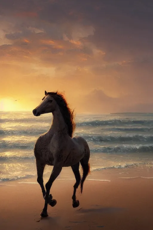 Image similar to a horse running on the beach at sunset by greg rutkowski