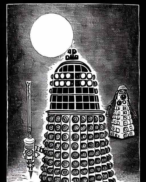 Image similar to a dalek as a d & d monster, pen - and - ink illustration, etching, by russ nicholson, david a trampier, larry elmore, 1 9 8 1, hq scan, intricate details, high contrast, no background