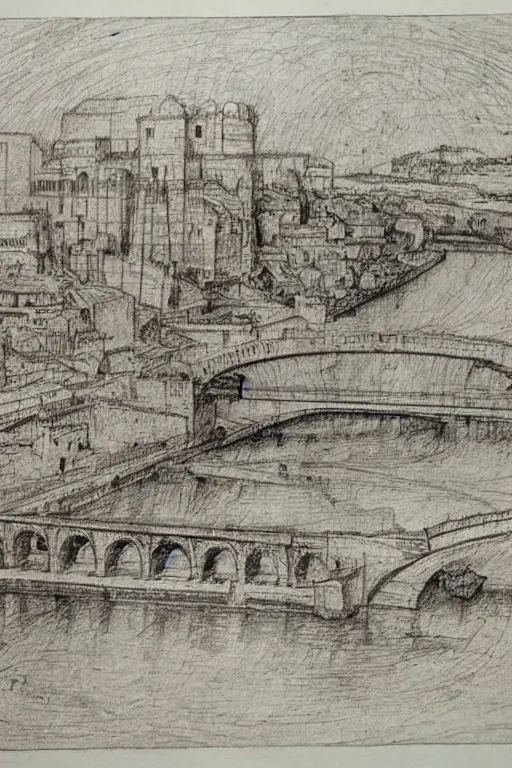 Prompt: trajan's bridge, also called bridge of apollodorus over the danube, sketch made by leonardo davinci, super detailed sketch, amazing details, ancient parchment,