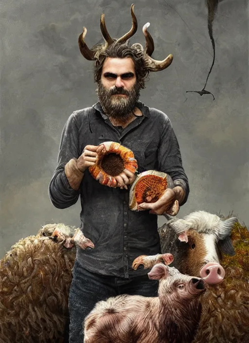 Image similar to a hyper detailed painting of joaquin phoenix surrounded by animals, cow horns, pig nose, sheep wool, chicken feather, horror, by anna podedworna, by miklos ligeti, by diego maricato, by taran fiddler, by antonino truisi, by chris reddie, by jinsung lim, trending on artstation