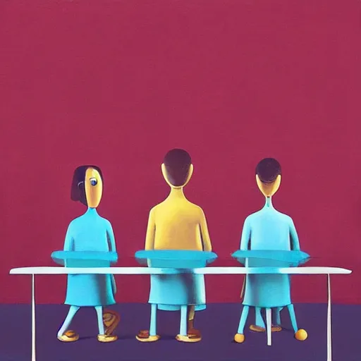 Prompt: a painting of three people sitting at a table, a surrealist painting by goro fujita, behance contest winner, pop surrealism, surrealist, hall of mirrors, art on instagram