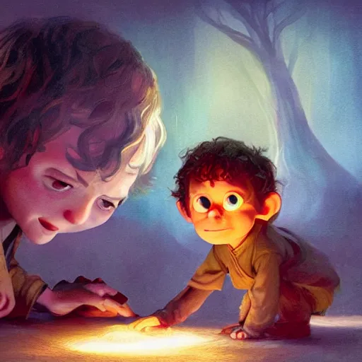 Image similar to a wholesome animation key shot of cute frodo, gollum and sam from lord of the rings, colorful, pixar and disney animation, sharp, very detailed, high resolution, key art by greg rutkowski, bloom, dramatic lighting