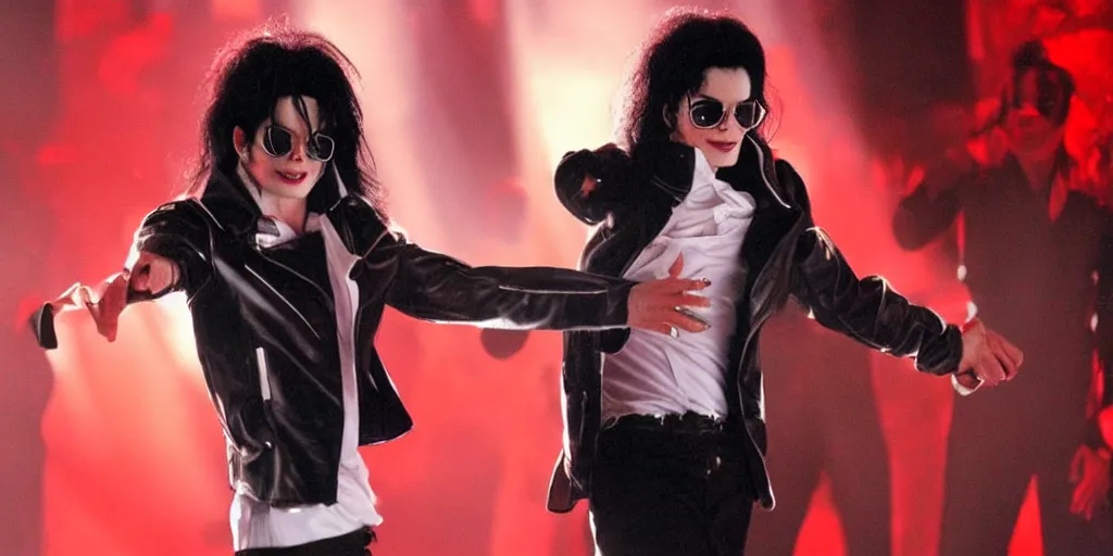 Prompt: michael jackson 2 0 0 9 wearing shades, this is it, photo real, motion blur, solo dancing on stage, by himself, real life, spotted, ultra realistic face, accurate, 4 k, movie still, uhd, sharp, detailed, cinematic, render, modern