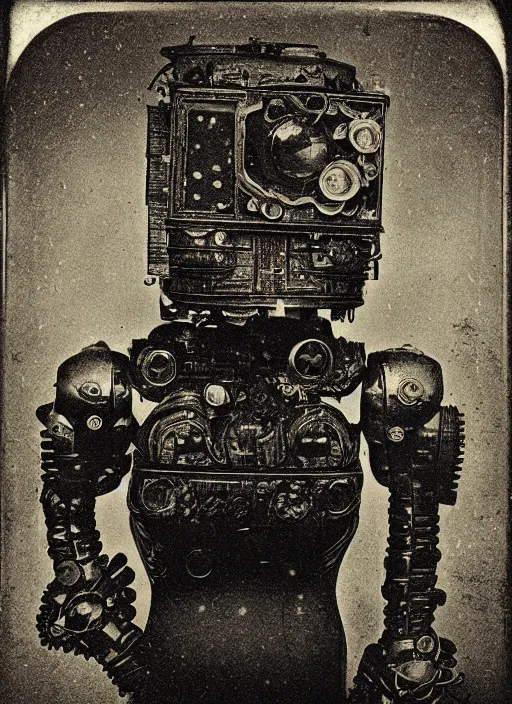 Image similar to old wetplate daguerreotype portrait of futuristic robot, dubbel negative exposure, explosion of data fragments, shallow dept of field, fractal, intricate, elegant, highly detailed, parallax, leica, medium format, subsurface scattering, by jheronimus bosch and greg rutkowski and louis jacques mande daguerre